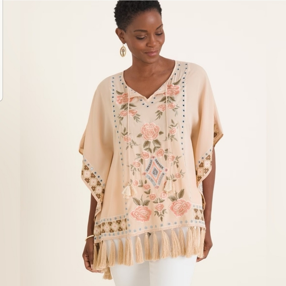 Chicos Womens Rose Embroidered Poncho Style Fringe Blouse Size Small Med